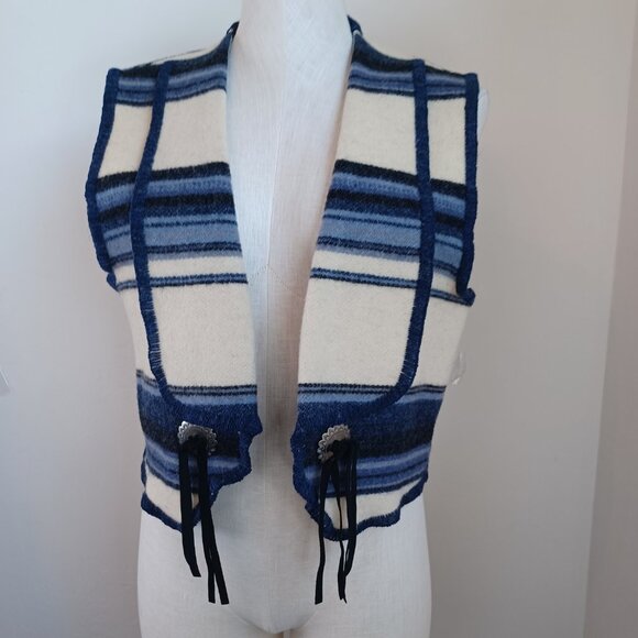 Woolrich Wool Vest Blue White Striped Collared Western Rodeo Womens Medium - Picture 6 of 14